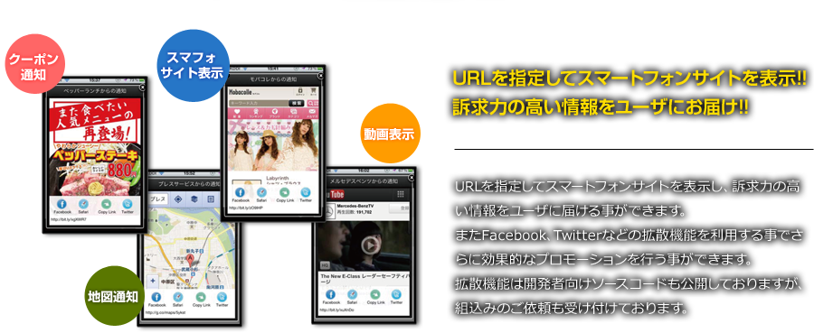 URLを指定してスマートフォンサイトを表示!!訴求力の高い情報をユーザにお届け!!